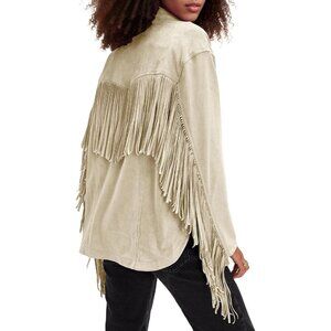 Women's Faux Suede Fringe Jacket Vintage Western Cowgirl Tassel Jackets Beige